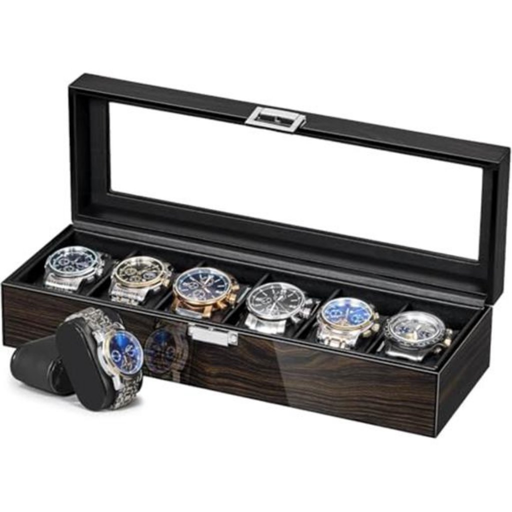 Watch Box For Men 6 Slot Watch Case With Glass Lid Watch Display